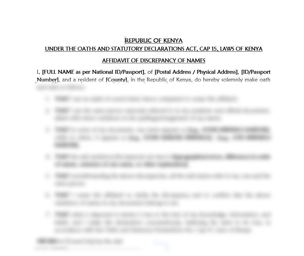 Affidavit of Discrepancy of Names | affidavits in kenya| free legal documents | Free legal documents | Njaga & co Advocates LLP | motor vehicle sale agreement