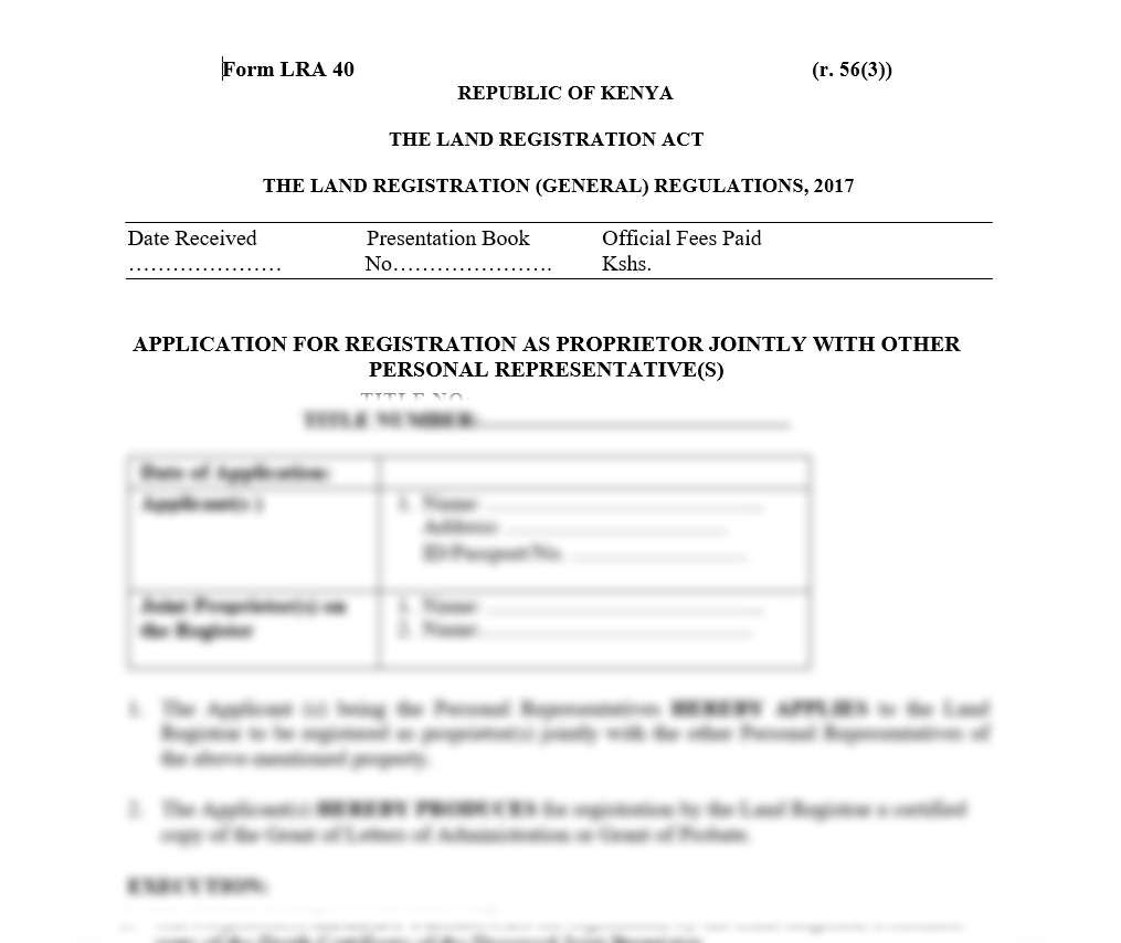 Application for Registration as Proprietor Jointly with other Personal Representatives - Form LRA-40