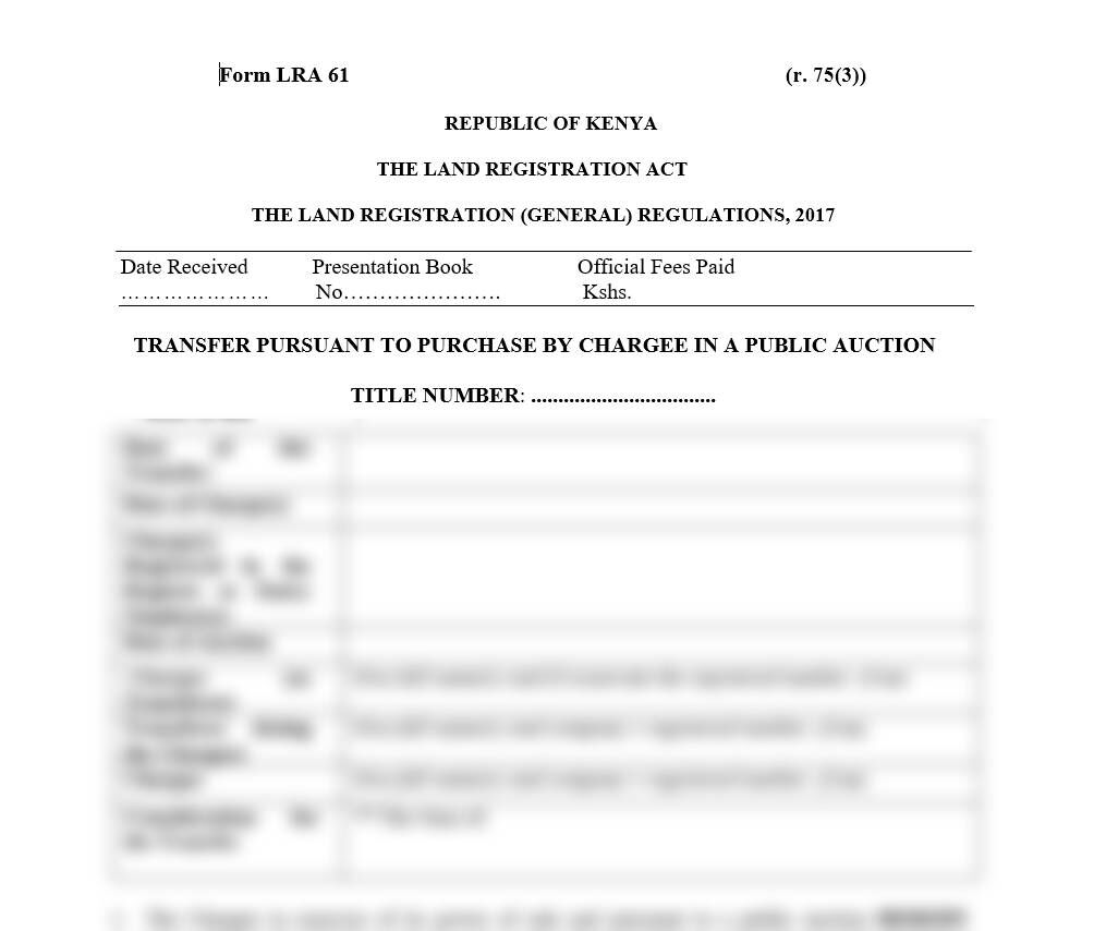 Transfer Pursuant to Purchase by Chargee in a Public Auction - Form LRA-61