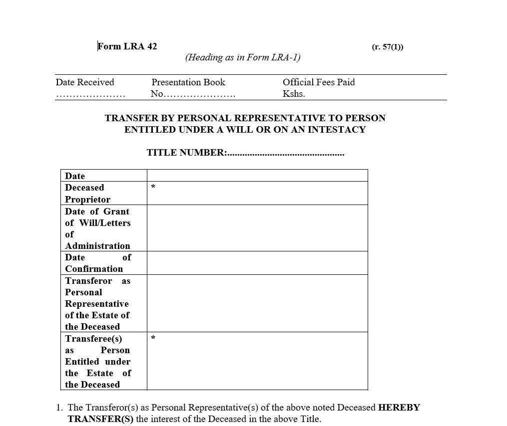 Transfer by Personal Representative to Person Entitled Under a Will or Intestacy - Form LRA-42