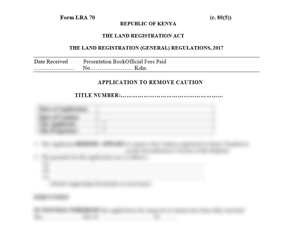 Application to Remove Caution - Form LRA-70 | Download land forms in Kenya for free