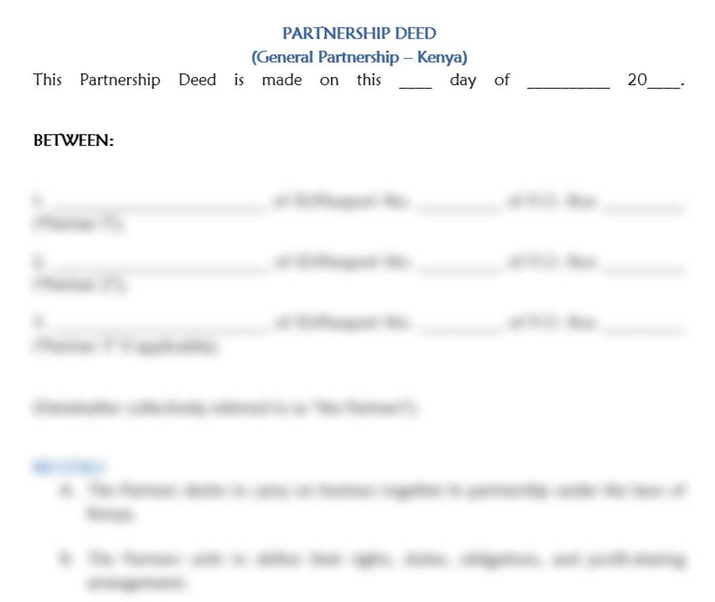 Download General Partnership Deed in Kenya | deeds in Kenya | legal dcuments in Kenya