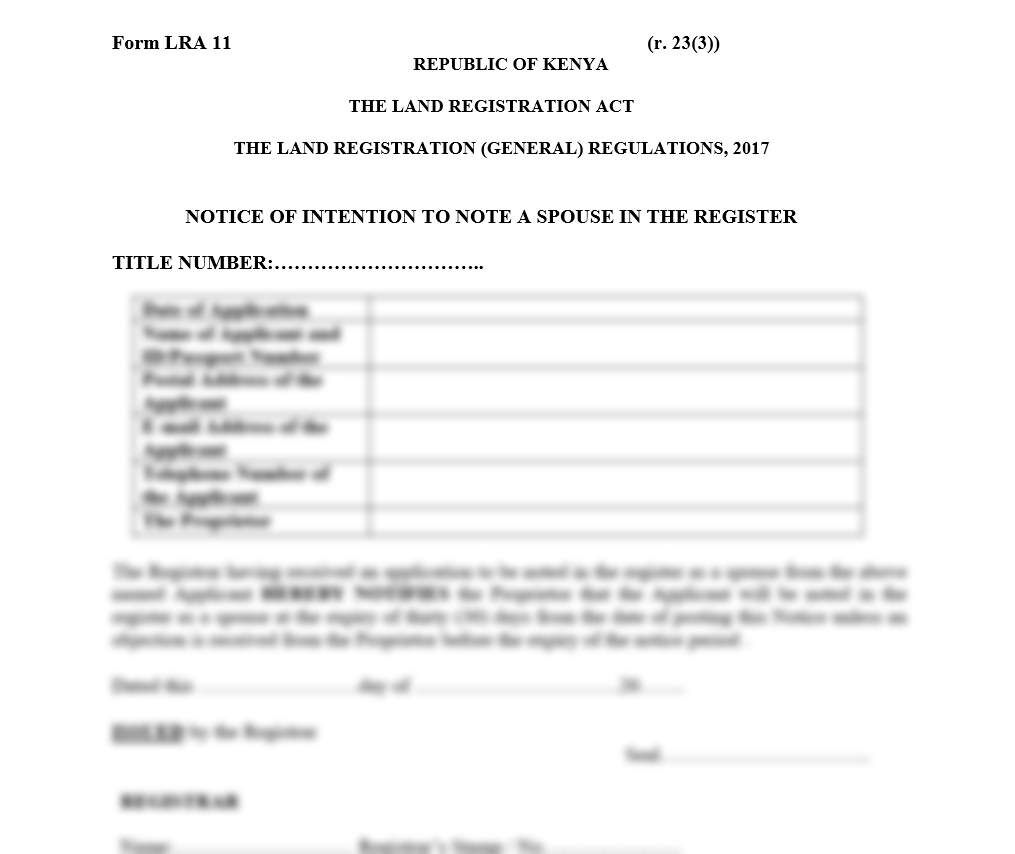 Notice of Intention to Note a Spouse in the Register - Form LRA-11 | marriage land rights in kenya