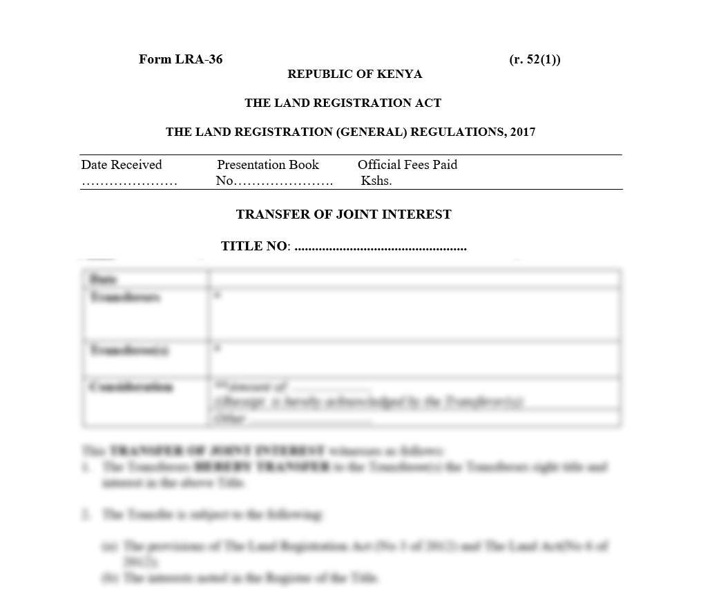 Transfer of Joint Interest - Form LRA-36 | lra forms in kenya